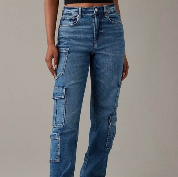 American Eagle Outfitters Denim - American Eagle Super High Rise Baggy Straight Cargo Jeans 14 Skater Grunge